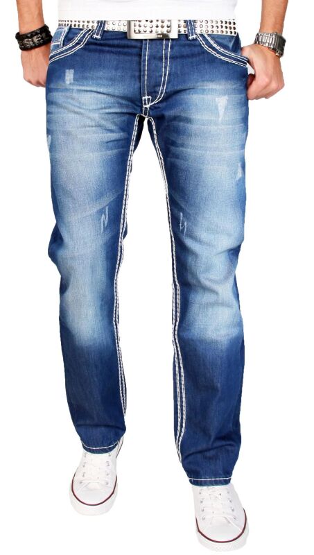 Alessandro Salvarini Herren Jeans Hose Dicke Naht Blau-W36-L32