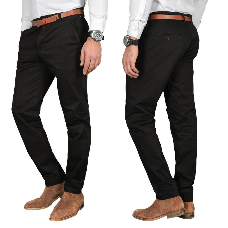 Alessandro Salvarini Herren Designer Chino Stoff Hose Chinohose Regular Fit  NEU Schwarz O095 W34 L30