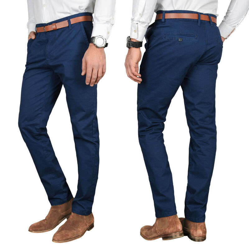 Alessandro Salvarini Herren Designer Chino Stoff Hose Chinohose Regular Fit NEU Dunkelblau O095 W30 L34