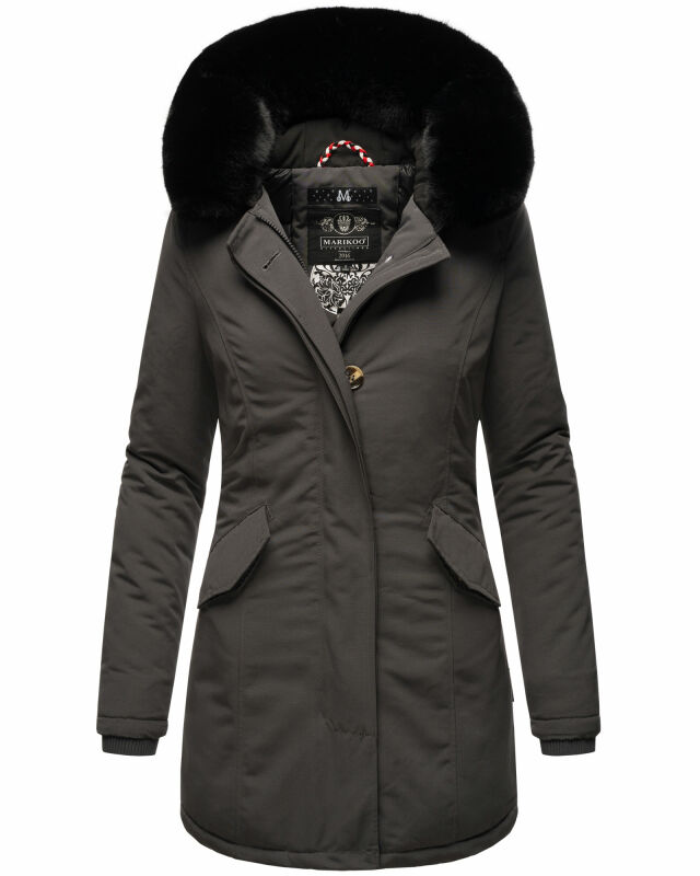 Marikoo Damen Winter Jacke Parka warm gefüttert B362 Anthrazit - Schwarzes Fell Größe M - Gr. 38