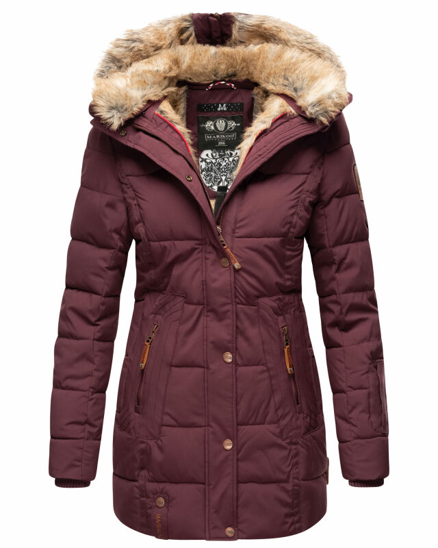 Marikoo warme Damen Winterjacke mit Kapuze Parka Kunstfell B817 Weinrot Größe XS - Gr. 34