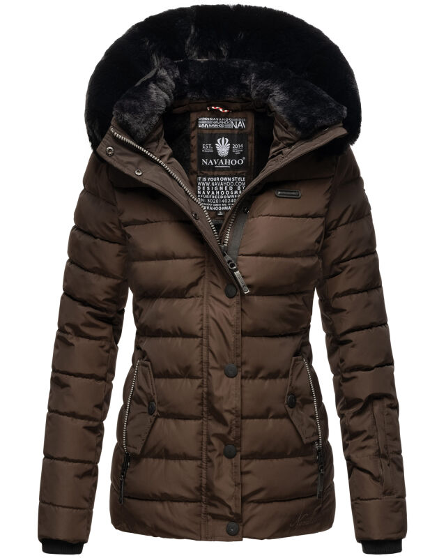 Navahoo Milianaa Damen Winter Steppjacke gefüttert Kapuze Kunstfell B846 Dark Choco Größe M - Gr. 38