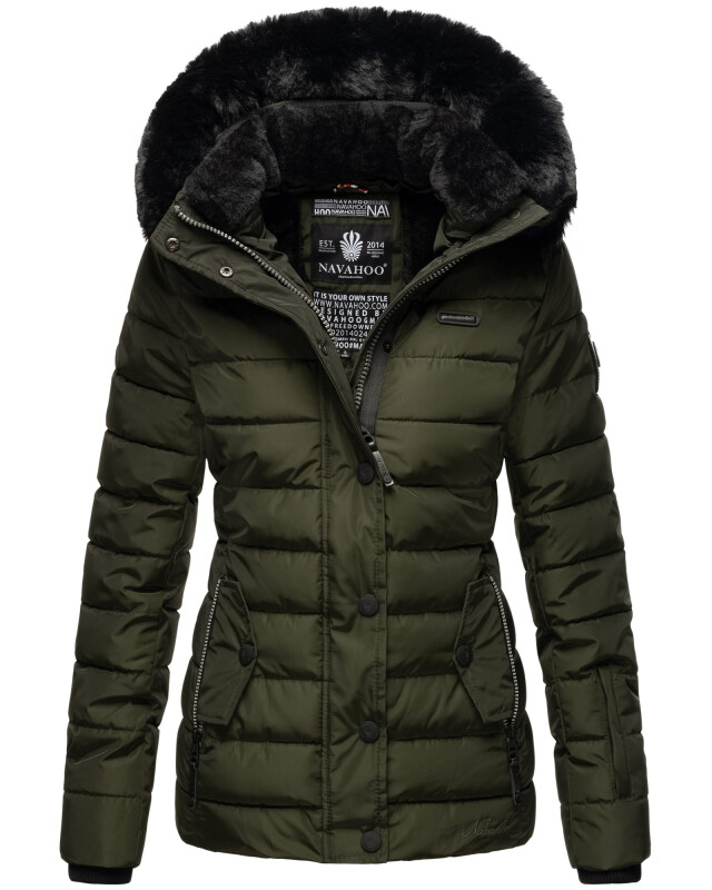 Navahoo Milianaa Damen Winter Steppjacke gefüttert Kapuze Kunstfell B846 Olive Größe XS - Gr. 34
