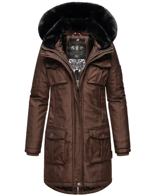 Navahoo Tiniis Damen Winterjacke mit Brusttaschen Kapuze Kunstfell B845 Dark Choco Größe XS - Gr. 34