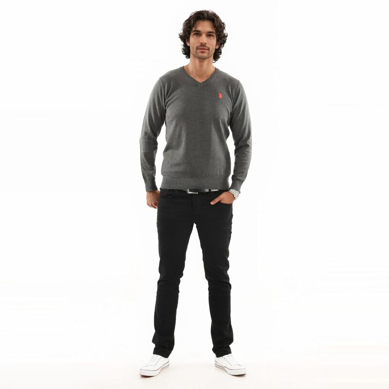 U.S. POLO ASSN. Herren V-Neck Pullover P006 Anthrazit Melange-Rot-Größe XL - Gr. XL