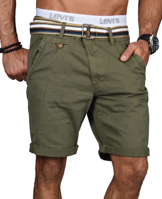 Indicode Herren Chino Shorts kurze Hose inkl. Gürtel B499 Olive Größe L - Gr. L