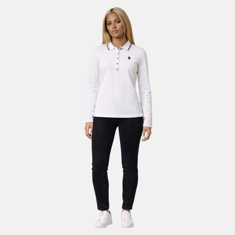 U.S. POLO ASSN. Damen Poloshirt Longsleeve P043 Weiss-Navy-Größe M - Gr. M