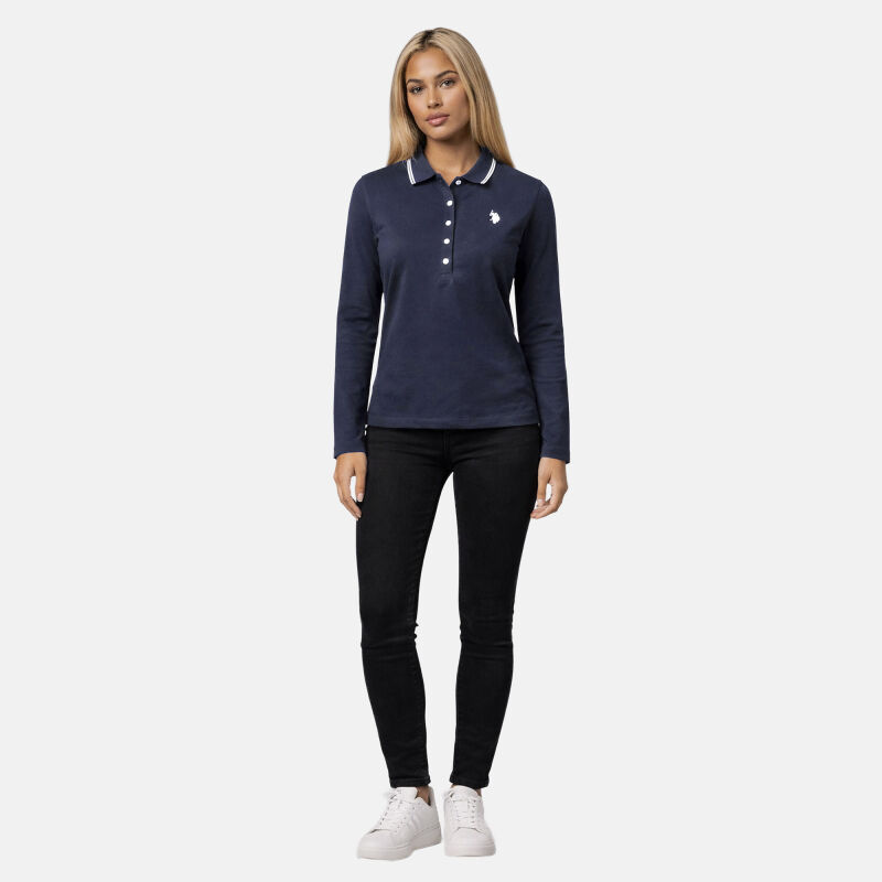 U.S. POLO ASSN. Damen Poloshirt Longsleeve P043 Navy-Weiss-Größe L - Gr. L