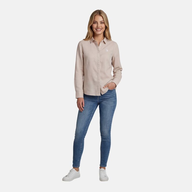 U.S. POLO ASSN. Damen Leinenshirt P045 Beige-Weiss Größe S - Gr. S