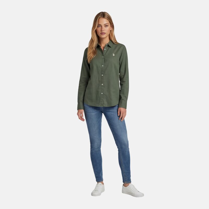 U.S. POLO ASSN. Damen Leinenshirt P045 Olive-Beige Größe L - Gr. L