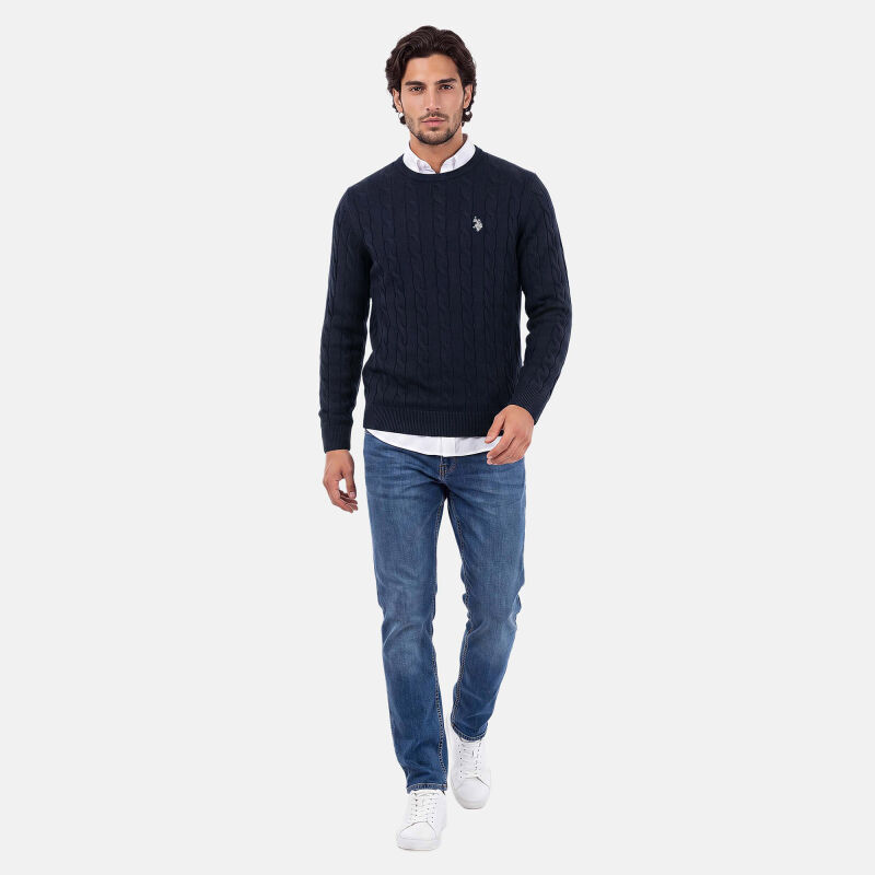 U.S. POLO ASSN. Herren Roundneck Pullover Zopfmuster P-066 Navy-Beige Größe S - Gr.S