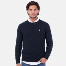 U.S. POLO ASSN. Herren Roundneck Pullover Zopfmuster P-066 Navy-Beige Größe S - Gr.S