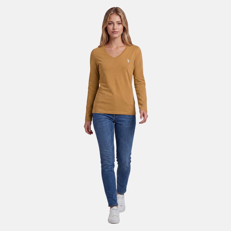 U.S. POLO ASSN. Damen T-Shirt Longsleeve P-074 Camel-Weiss Größe L - Gr.L