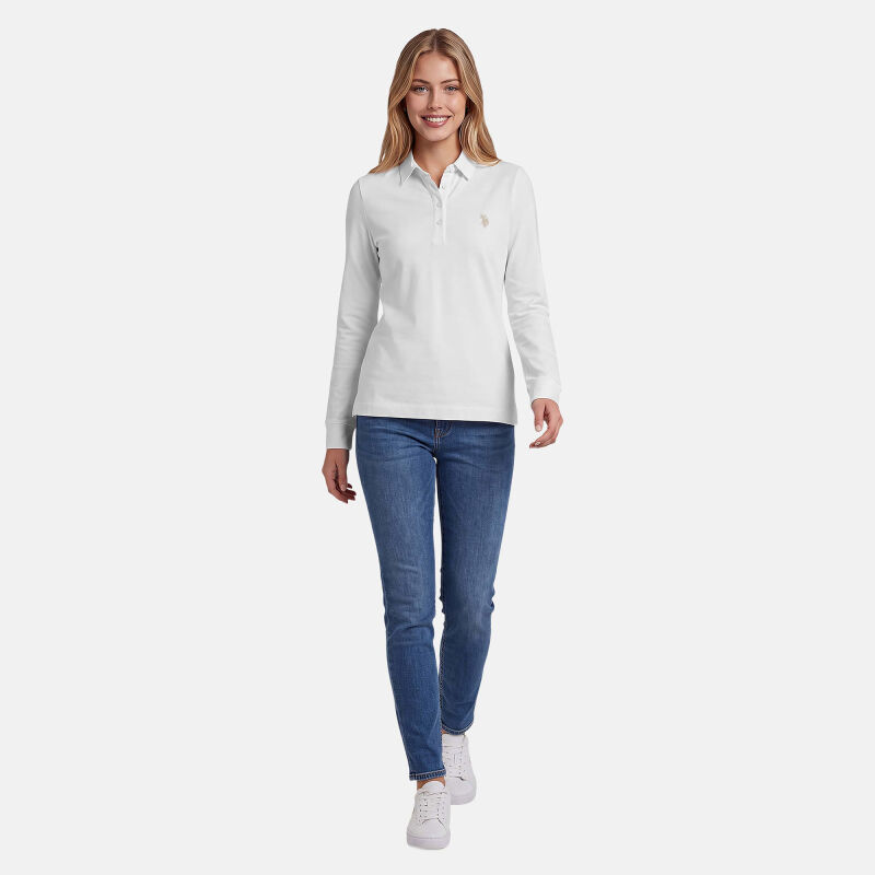 U.S. POLO ASSN. Damen Poloshirt Longsleeve P-076 Weiss-Beige Größe S - Gr.S
